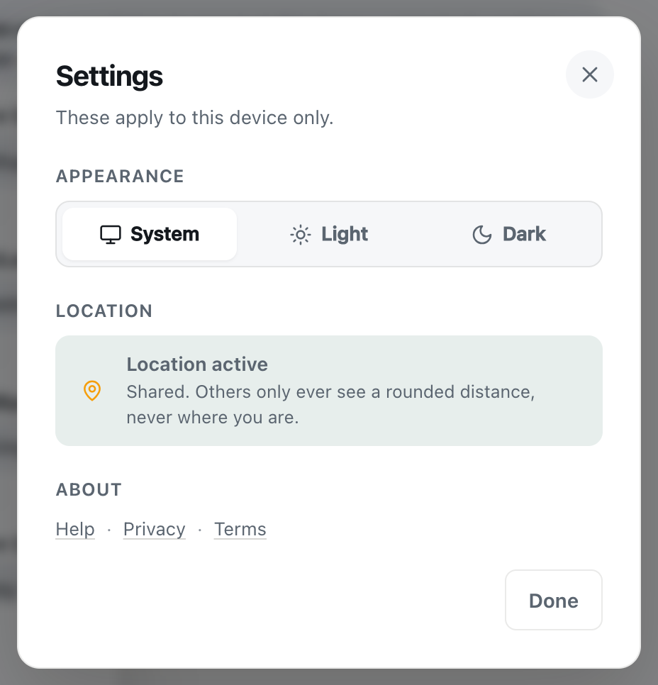 the CicadaChat Settings dialog with System, Light and Dark themes and a Location active status