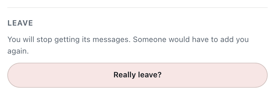 the Leave section of a CicadaChat private room, with the button now asking Really leave? in red