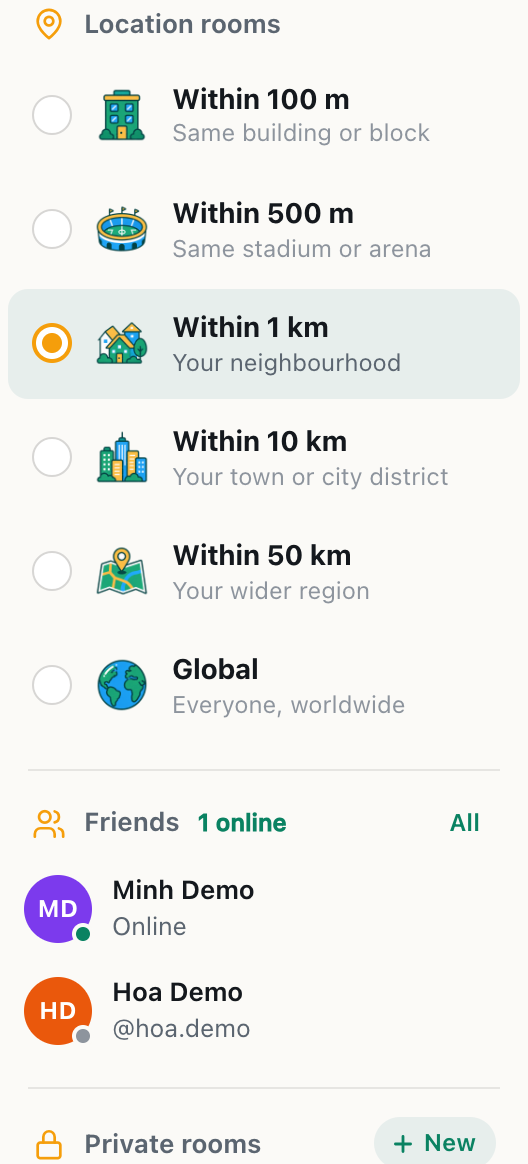 the cicadachat sidebar Friends section showing 1 online, with Minh Demo online and Hoa Demo offline