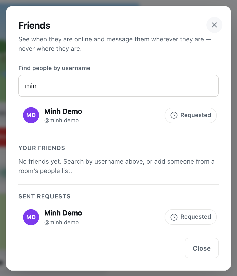 the CicadaChat Friends dialog after sending a request, with Minh Demo marked Requested under Sent requests