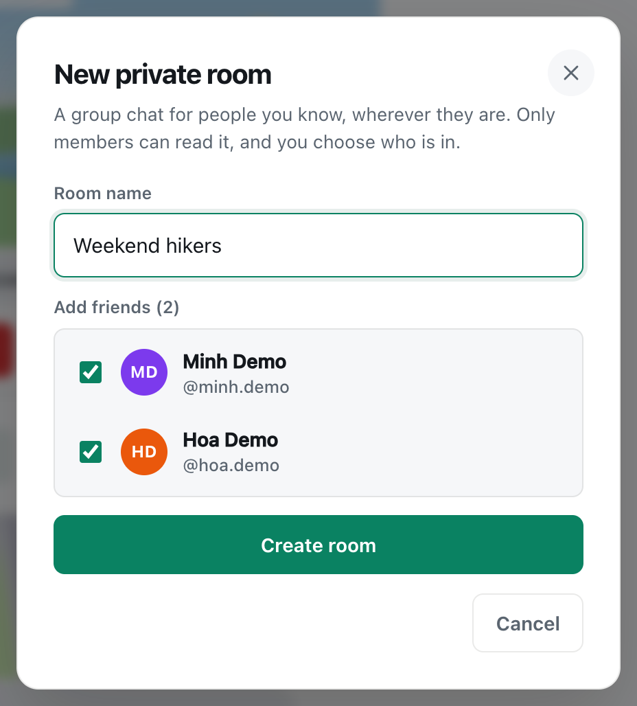 the CicadaChat New private room dialog named Weekend hikers, with Minh Demo and Hoa Demo ticked