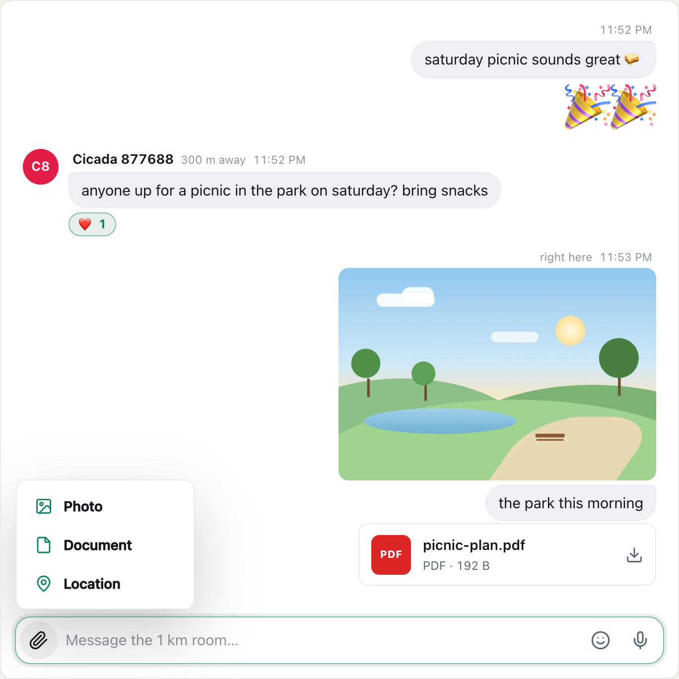 the cicadachat attach menu open above the paperclip, offering Photo, Document and Location