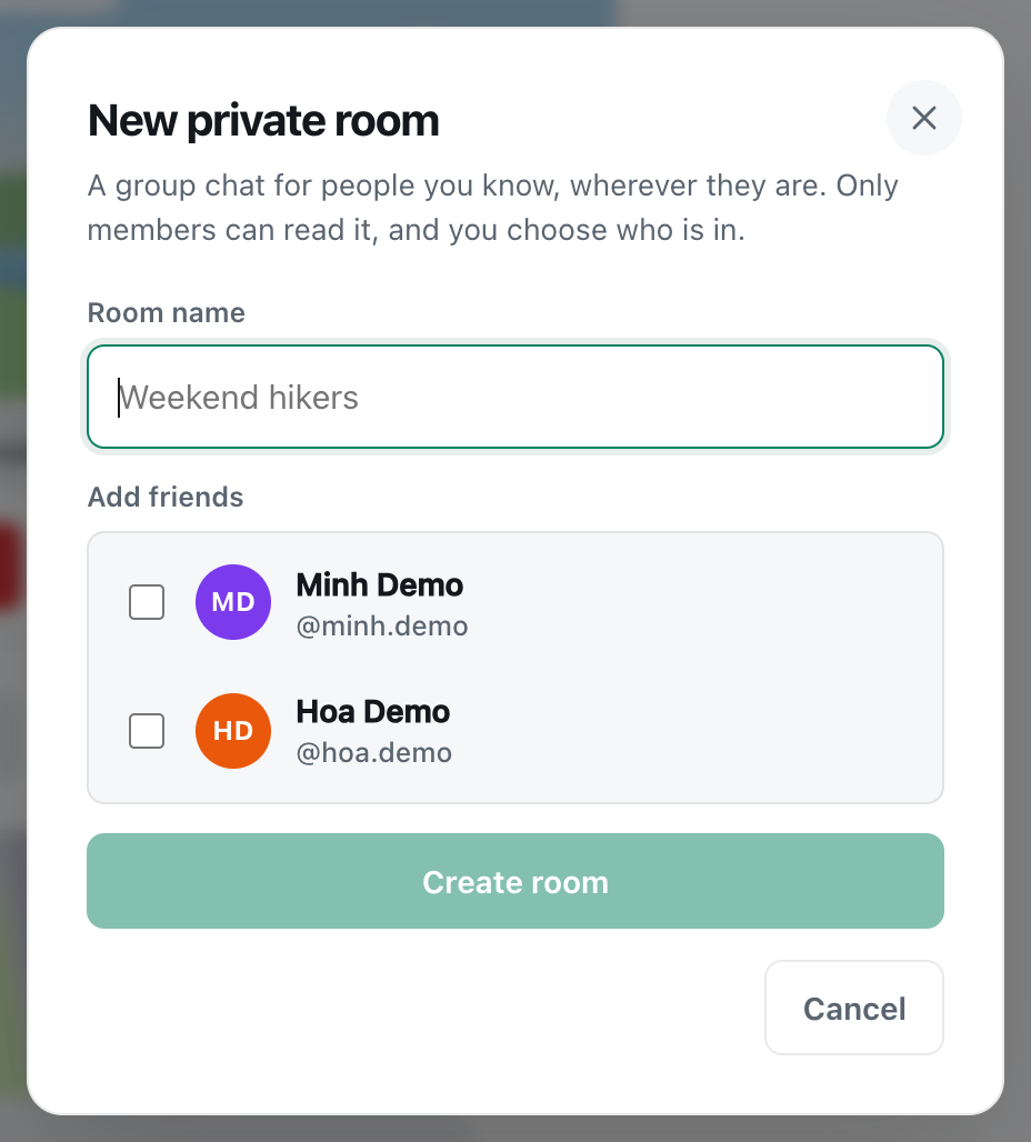the cicadachat New private room dialog with an empty Room name field and two friends to tick