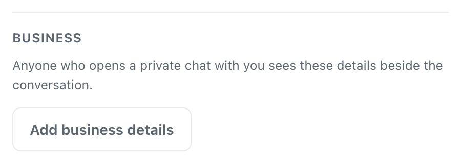 the empty Business section of the CicadaChat Your account dialog with an Add business details button