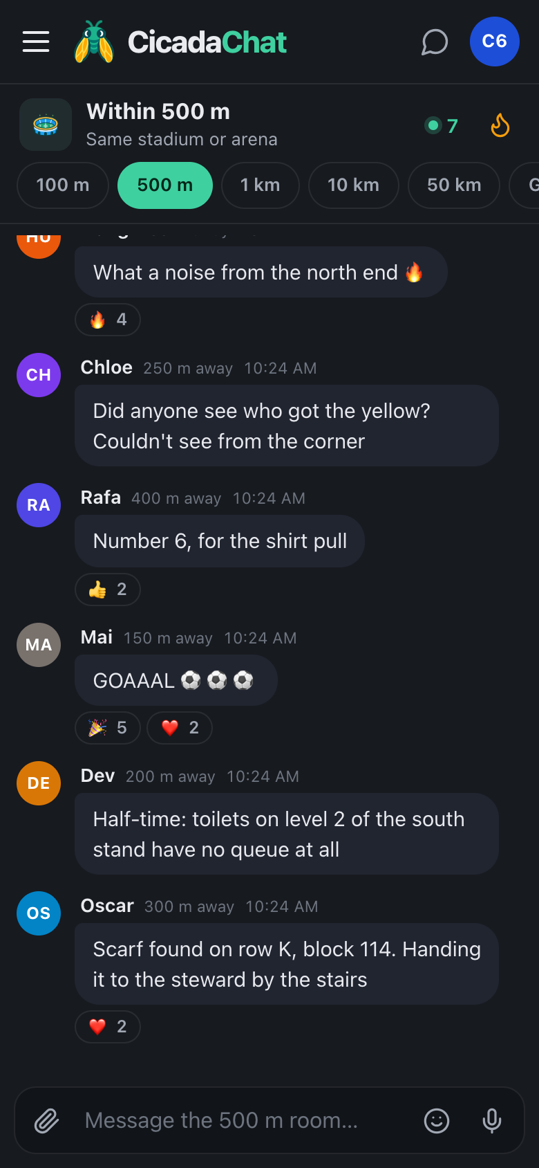 the cicadachat 500 m room in dark mode during a football match, with messages about a yellow card, a goal and a lost scarf