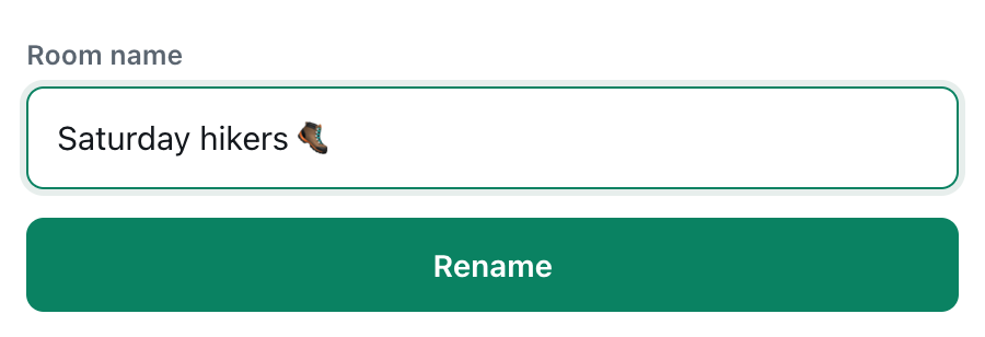 the Room name field of a CicadaChat private room changed to Saturday hikers with a hiking boot emoji, above the Rename button