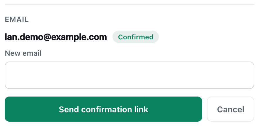 the CicadaChat change email form for a Google account, with a confirmed address and only a New email field