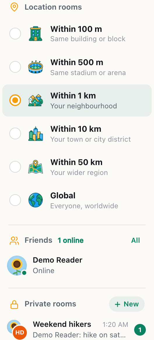 the cicadachat sidebar of a member showing the Weekend hikers room with a preview and a green 1 for unread