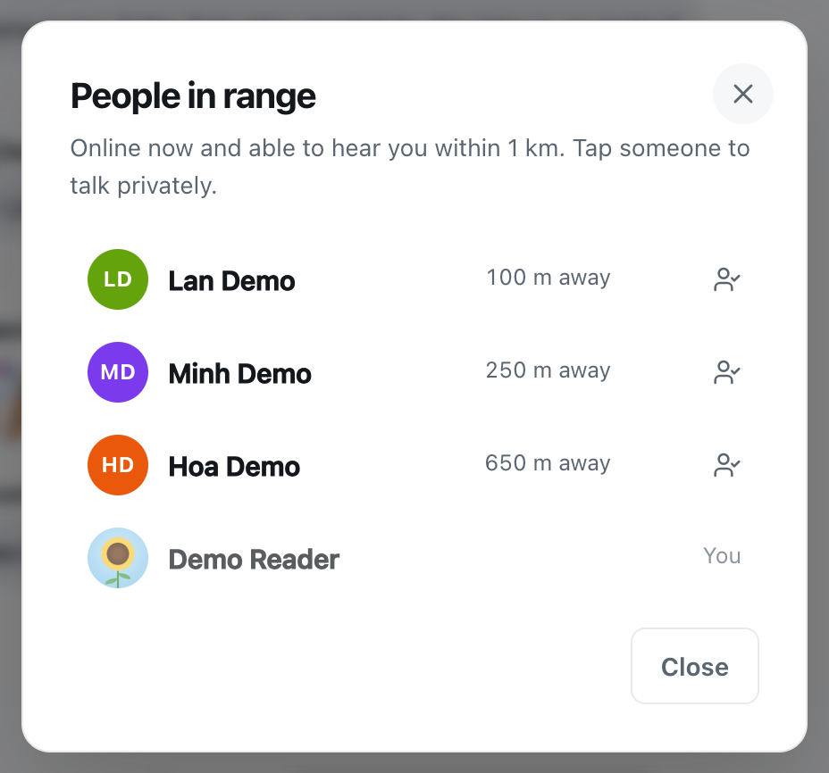 the CicadaChat People in range list with three people at 100 m, 250 m and 650 m away, and You at the bottom