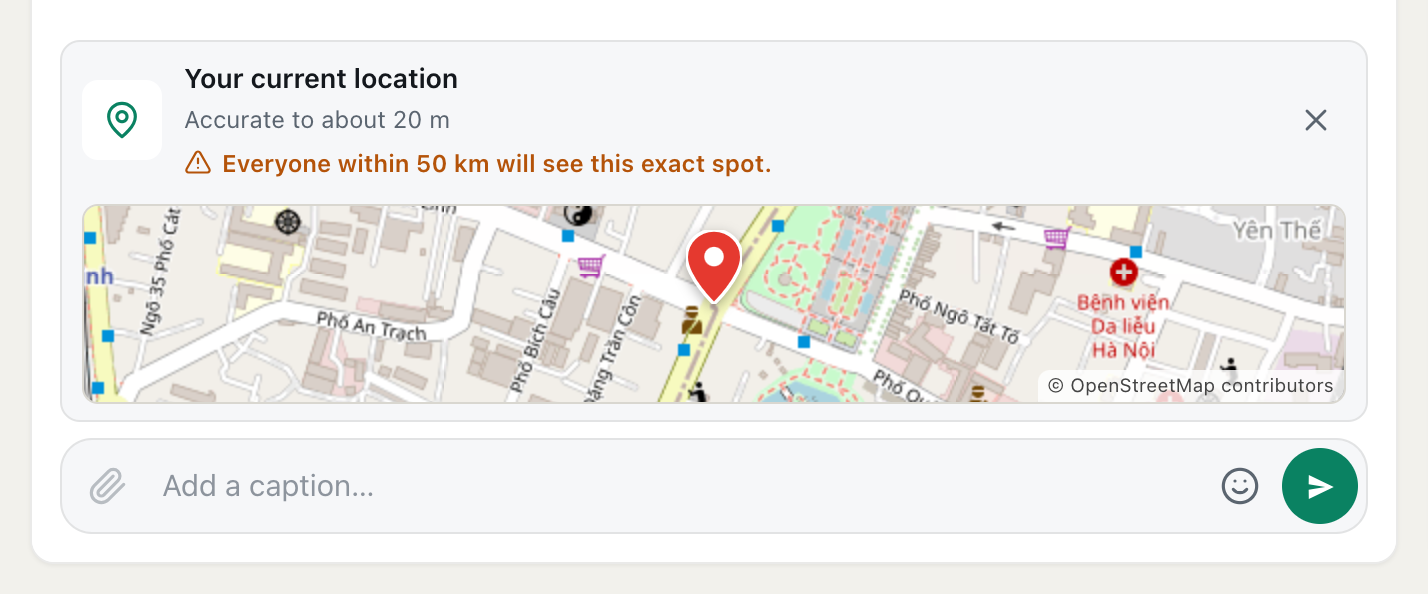 the cicadachat composer with a location attached and the warning everyone within 50 km will see this exact spot