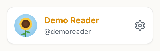 the CicadaChat sidebar footer for a registered account named Demo Reader with a sunflower photo and a username