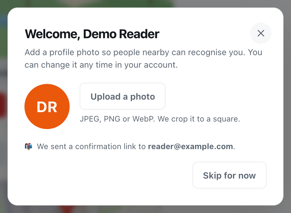 the CicadaChat Welcome, Demo Reader dialog inviting you to upload a profile photo, with a Skip for now button