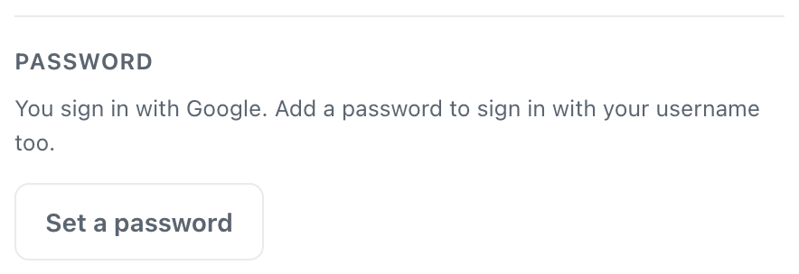 the CicadaChat password section saying you sign in with Google and offering a Set a password button