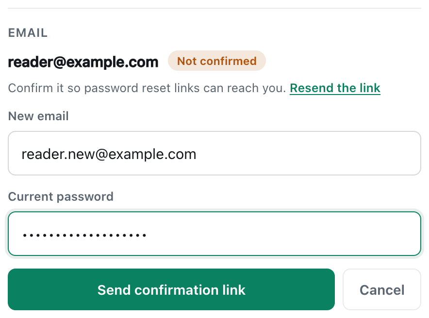 the cicadachat change email form with a new email address and the current password filled in
