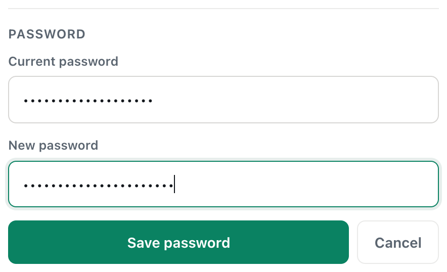 the cicadachat change password form with Current password and New password filled in and a Save password button