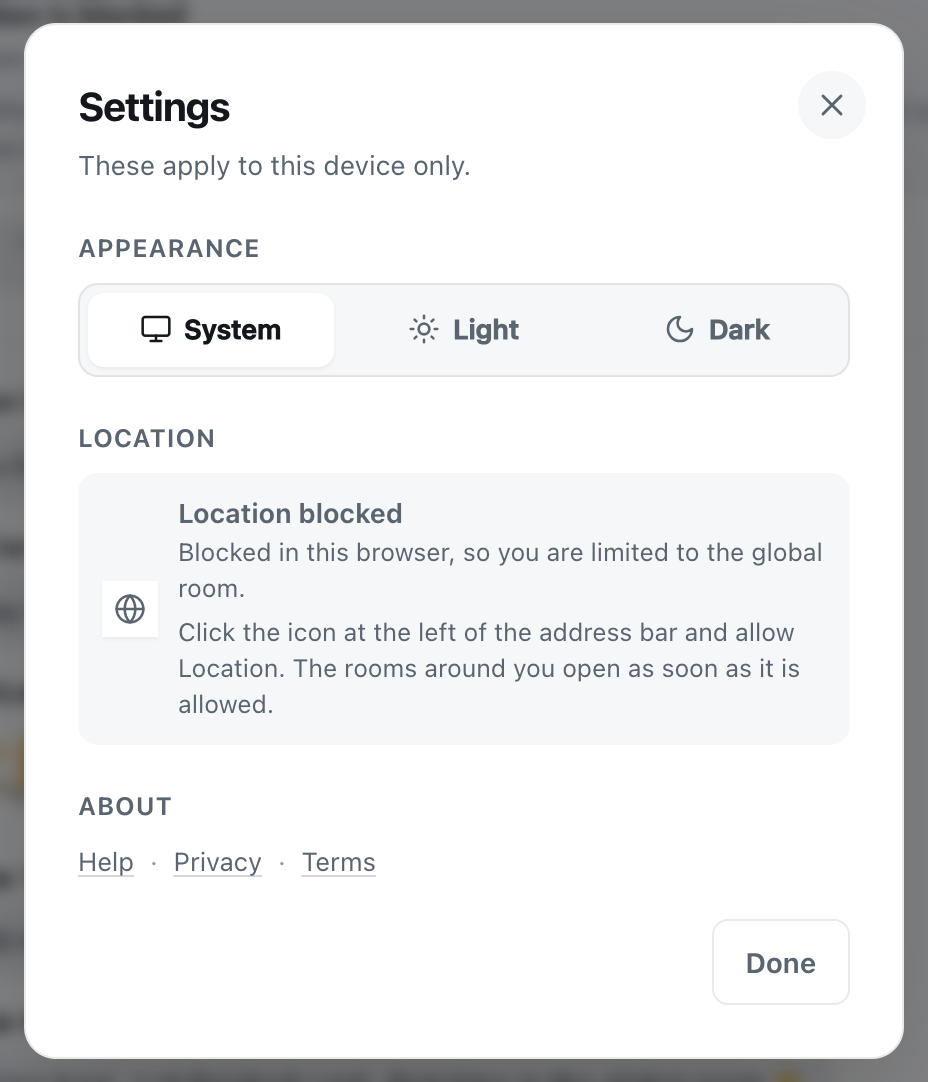 the cicadachat settings dialog showing Location blocked, limited to the global room, with directions to allow it
