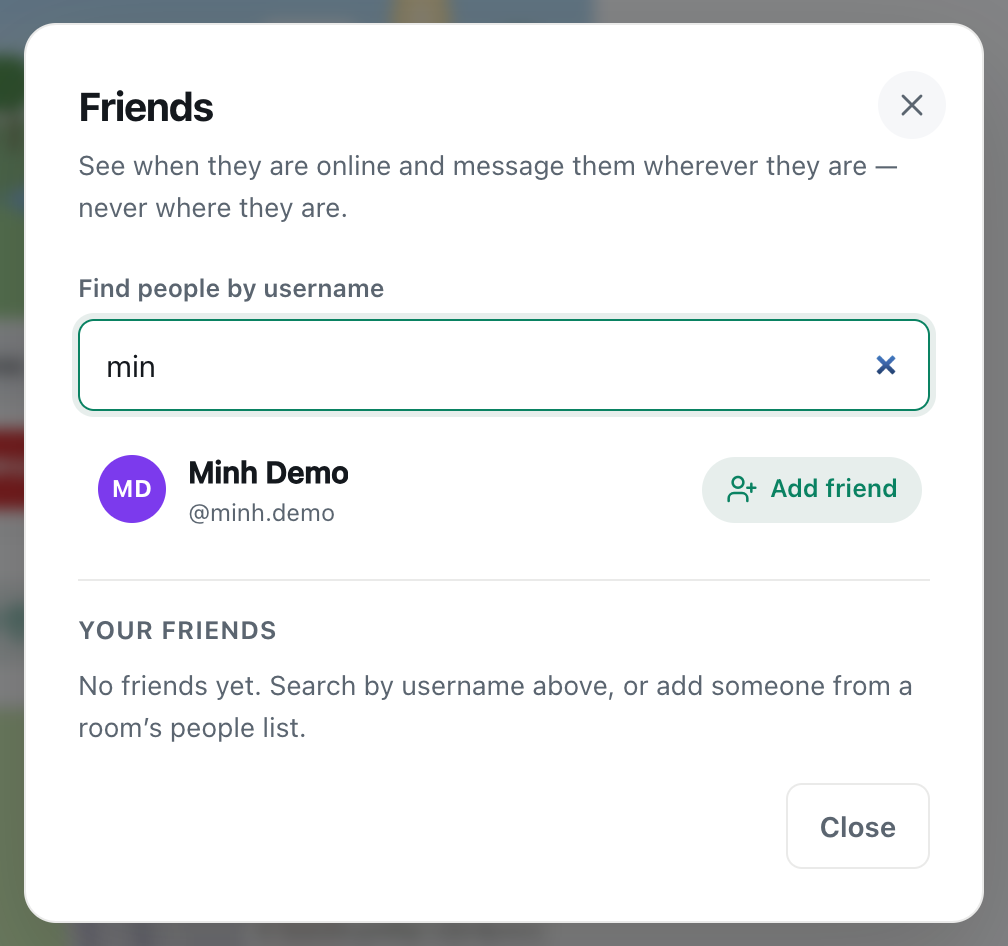 the cicadachat Find people by username box with min typed and Minh Demo listed with an Add friend button