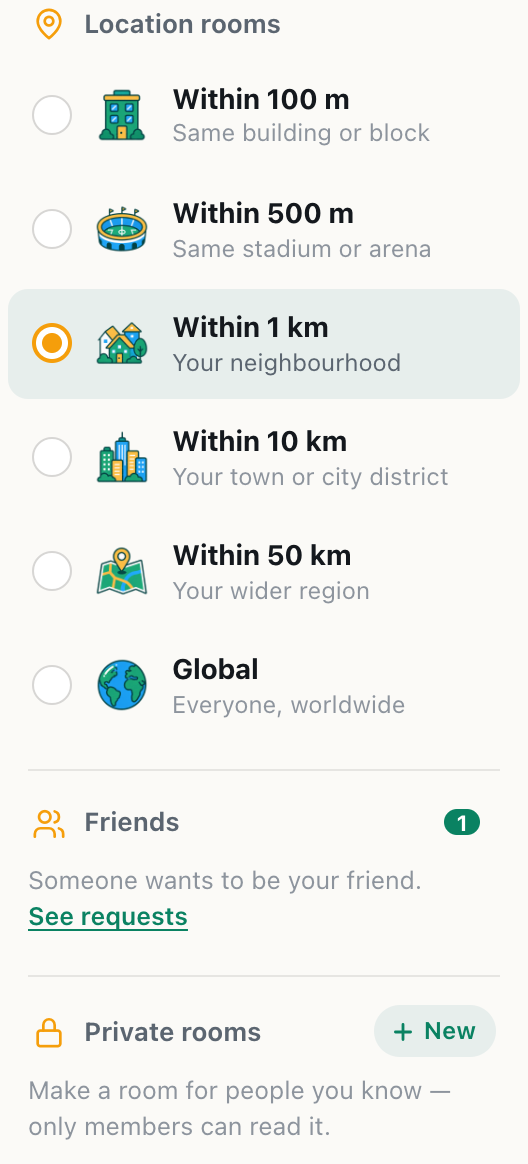 the cicadachat sidebar with a green 1 next to Friends and the line someone wants to be your friend, see requests