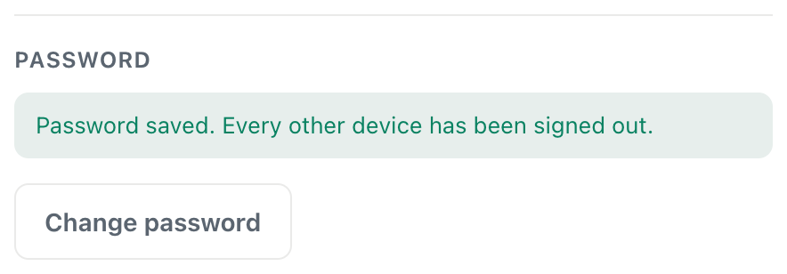 the CicadaChat password section confirming password saved and every other device has been signed out