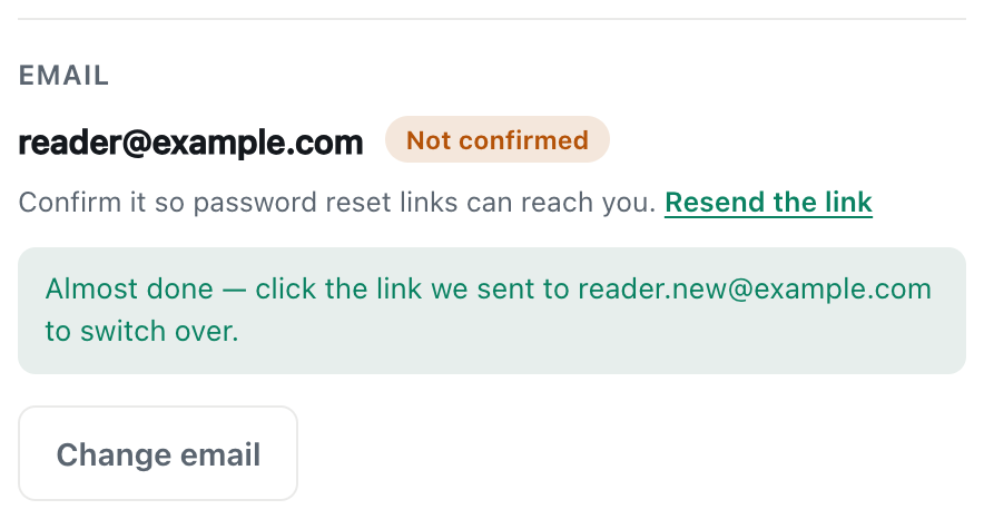 the CicadaChat email section saying almost done, click the link we sent to reader.new@example.com to switch over