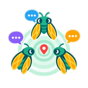 the CicadaChat home screen icon, three cartoon cicadas with speech bubbles around a red location pin