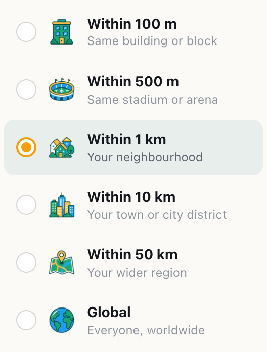 the six CicadaChat location rooms from Within 100 m to Global, with Within 1 km selected