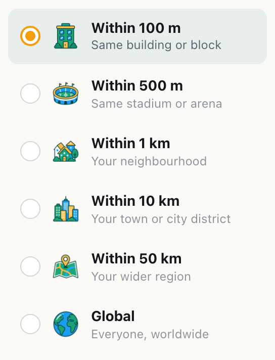 the cicadachat room list with within 100 m, same building or block, selected at the top of the ladder