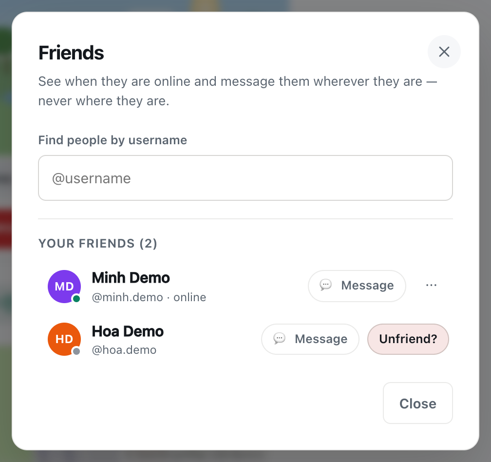 the CicadaChat Friends dialog with the button next to Hoa Demo turned into Unfriend? to confirm
