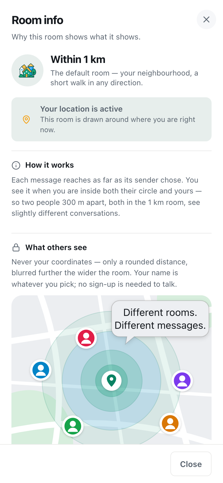 the cicadachat room info screen on a phone explaining that you see a message when inside both circles