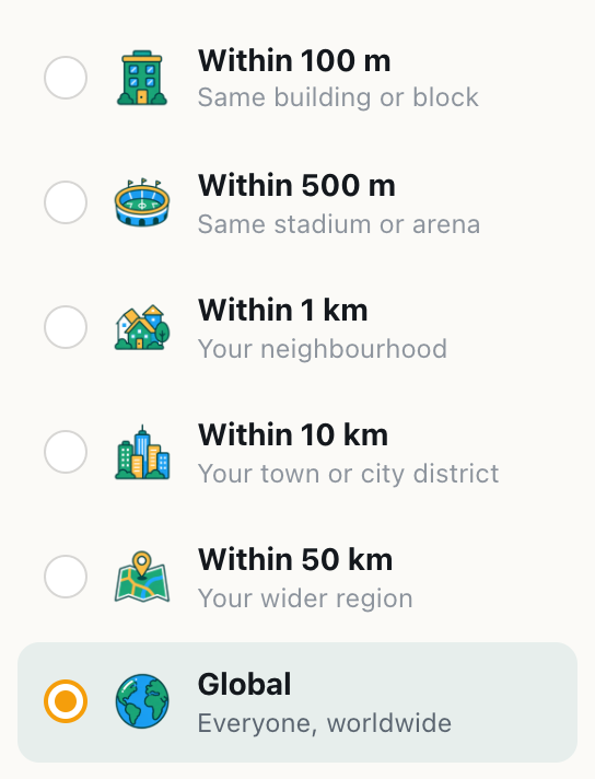 the cicadachat room list from within 100 m to within 50 km, with global selected at the bottom as everyone, worldwide