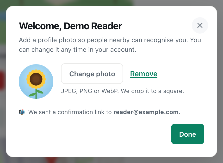 a cicadachat photo picker showing a round sunflower photo with Change photo and Remove buttons