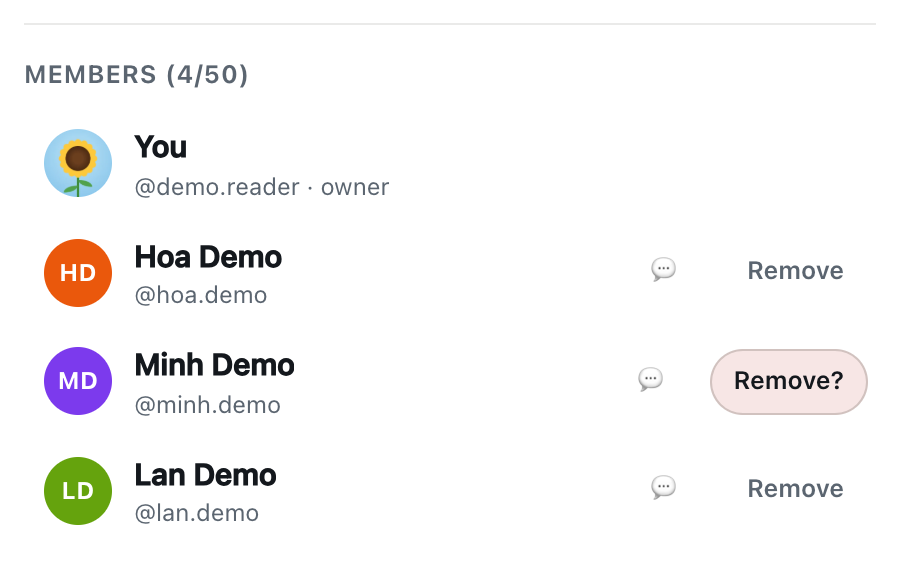 the CicadaChat member list of a private room with Remove next to each member and one button asking Remove? to confirm