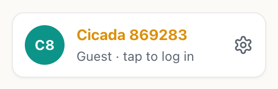 the foot of the CicadaChat sidebar showing a guest name, Guest tap to log in, and the settings gear