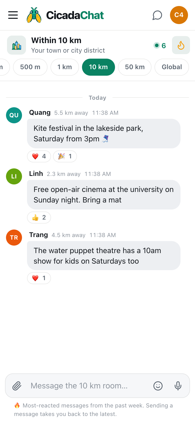 the cicadachat hot view of the 10 km room, showing the kite festival, open-air cinema and puppet show as the most-reacted messages