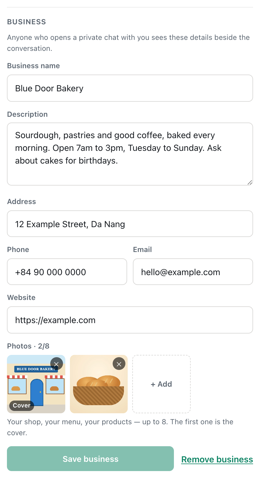 the Business section of CicadaChat Your account filled in for Blue Door Bakery, with contact fields and two photos, the first marked Cover