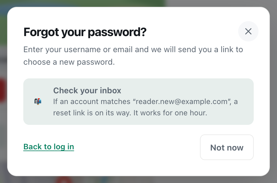 the CicadaChat Check your inbox message saying a reset link is on its way if an account matches, valid for one hour
