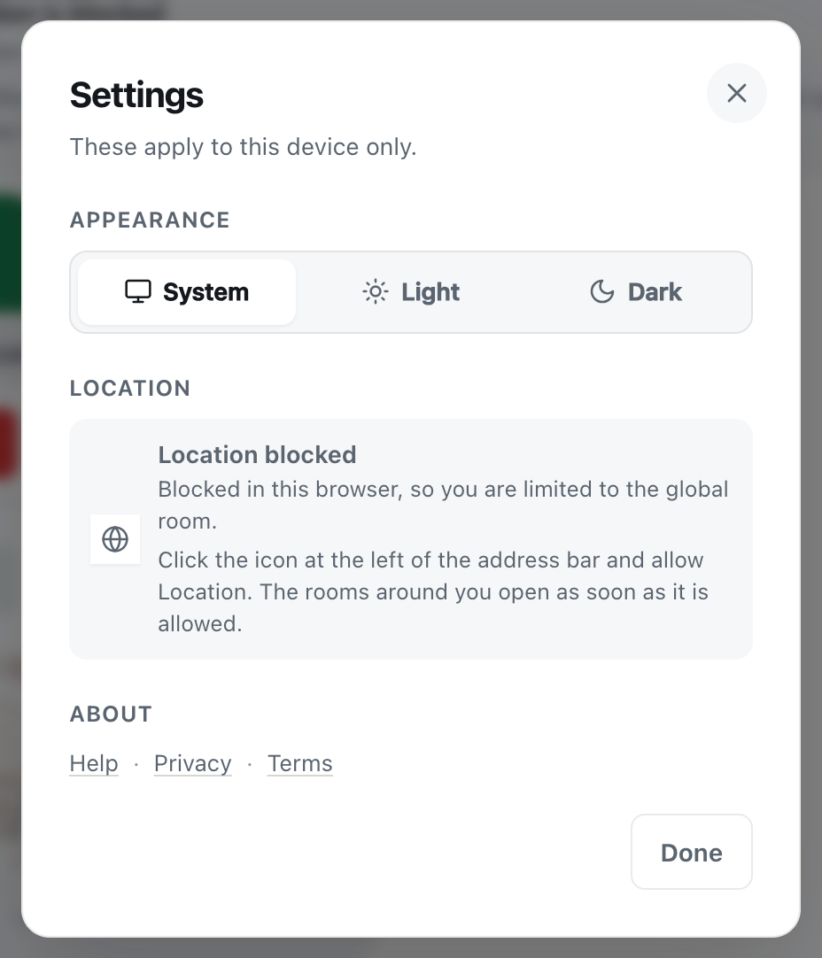 the CicadaChat Settings dialog showing Location blocked, limited to the global room, with directions to allow location in the address bar