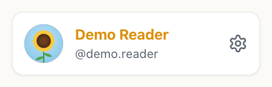 the cicadachat sidebar footer with the sunflower photo, the name Demo Reader and the username @demo.reader