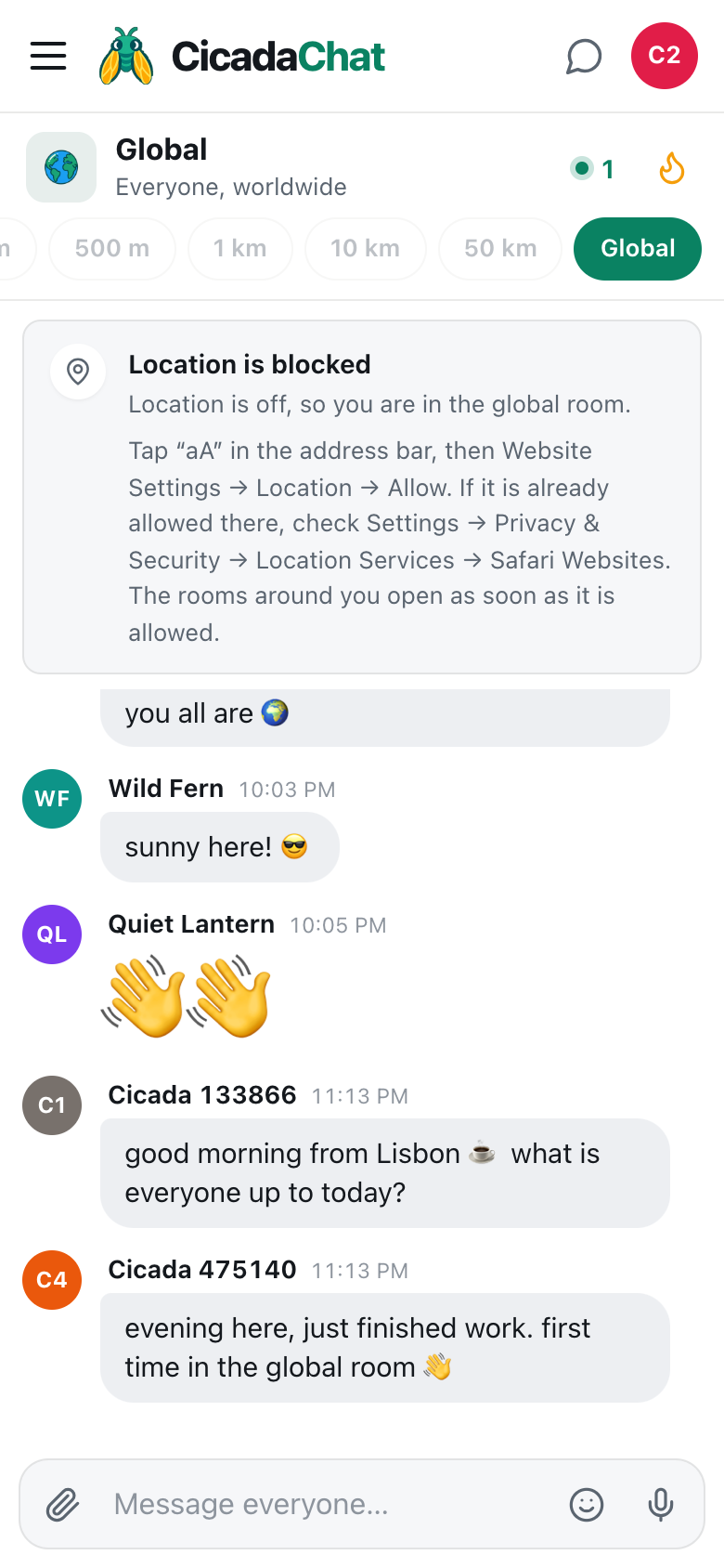 cicadachat on an iPhone in the Global room, with directions for allowing location in Safari and greyed-out room tabs