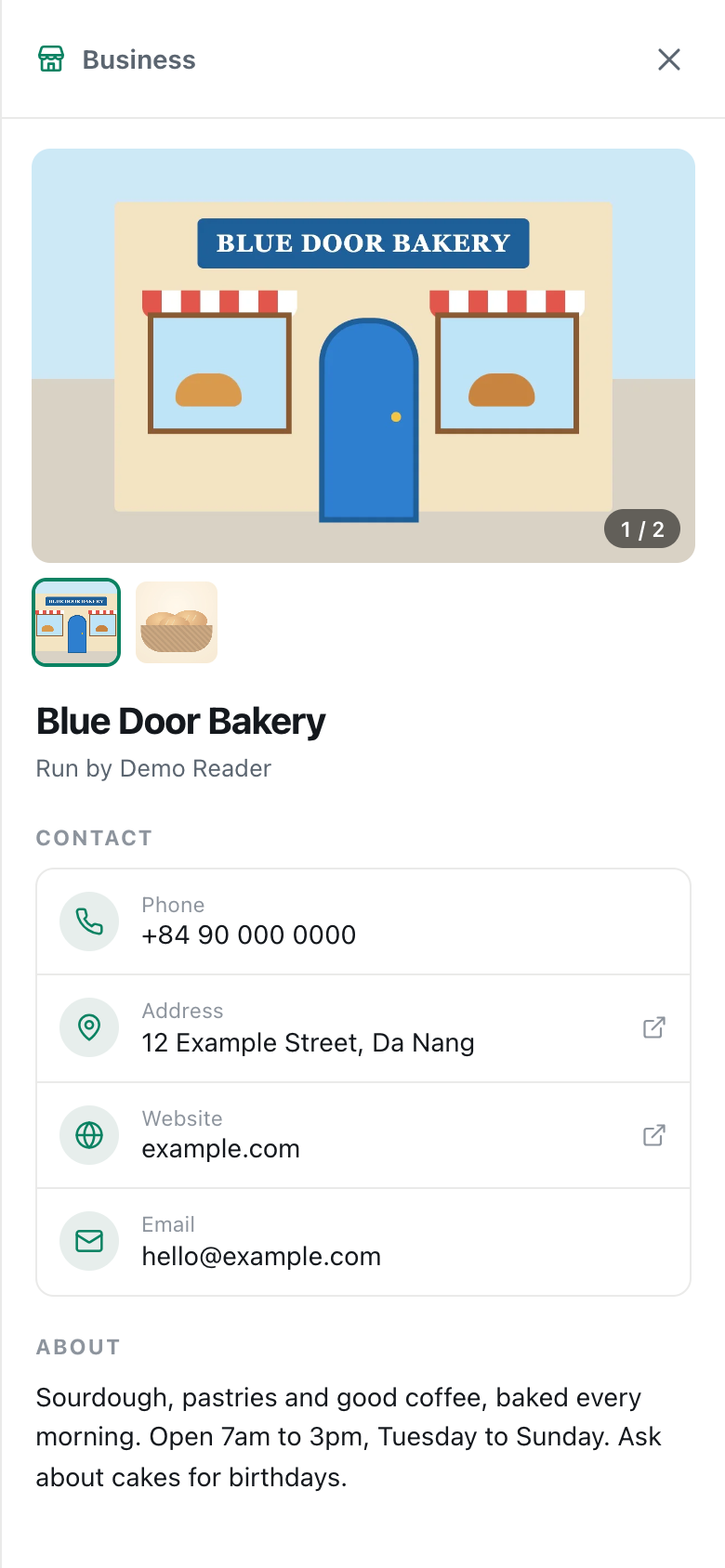 the Blue Door Bakery business card open on a phone in CicadaChat, with the cover photo, contact list and About text