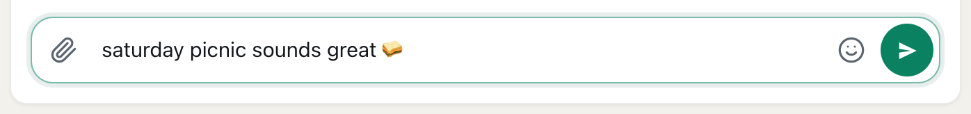 the cicadachat message box with a typed message ending in a sandwich emoji and the green send button