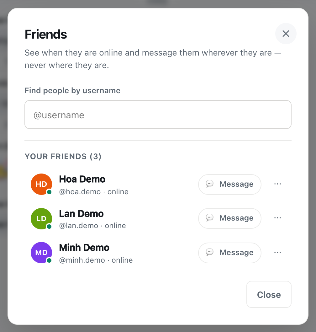 the CicadaChat Friends dialog listing three friends with their usernames and online status, and no location or distance