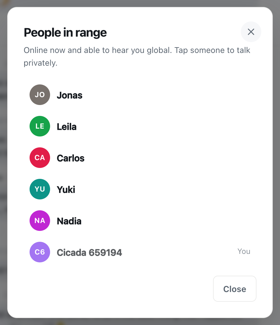 the cicadachat people in range dialog in the global room, listing names only and no distances