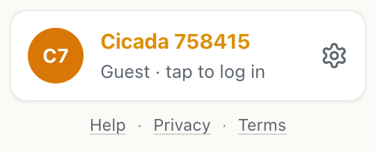 the bottom of the CicadaChat sidebar with a guest name, the settings gear, and Help, Privacy and Terms links underneath