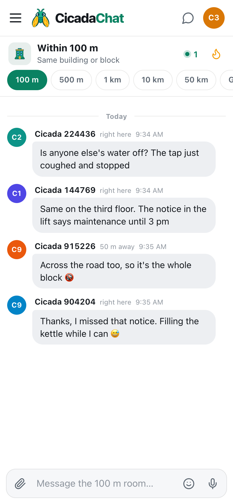 a cicadachat 100 m conversation on a phone where each name shows only right here or 50 m away