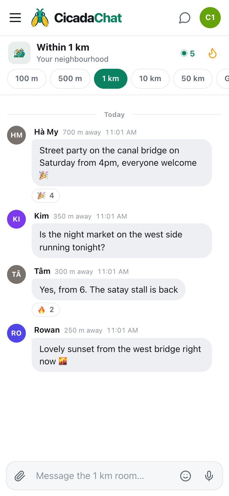 the cicadachat 1 km room on a phone seen from the west side of the canal, with the street party and night market messages