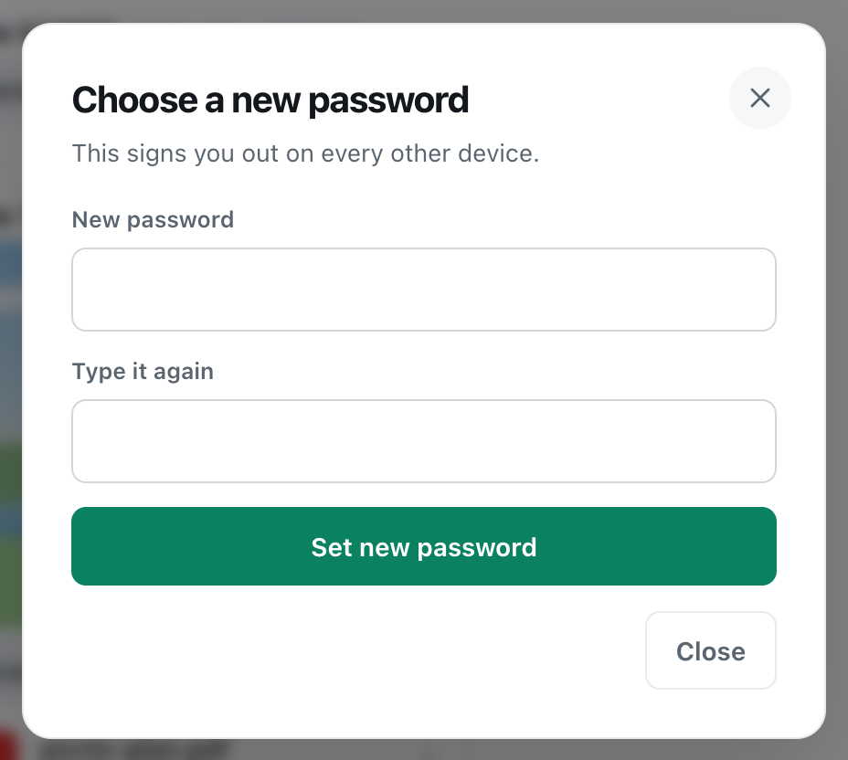 the cicadachat Choose a new password dialog with New password and Type it again fields and a Set new password button