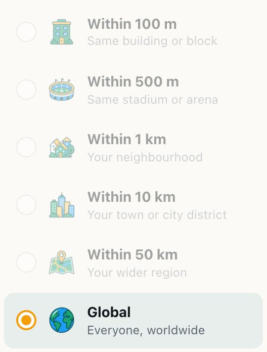 the CicadaChat room list without a location, with Within 100 m to Within 50 km greyed out and Global selected