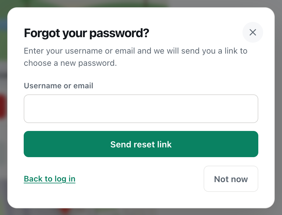 the cicadachat Forgot your password dialog with a Username or email field and a Send reset link button