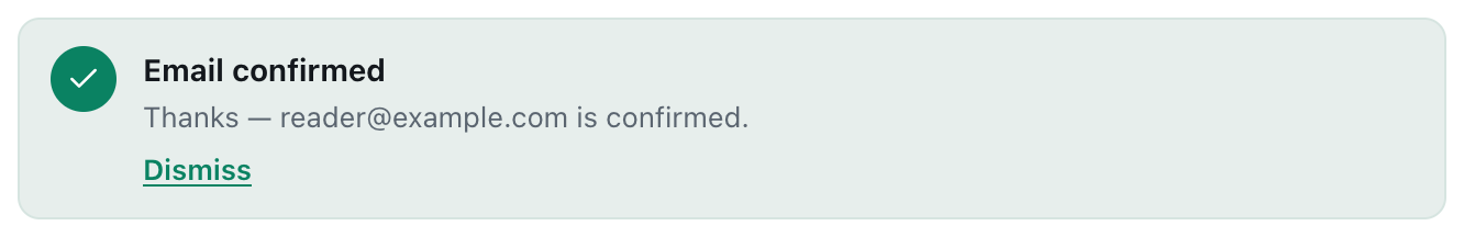 the cicadachat Email confirmed card thanking you and saying reader@example.com is confirmed